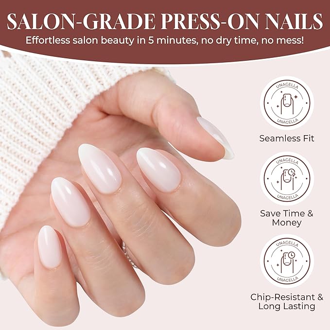 UNA GELLA White Press On Nails Short: Almond Soft Gel Press Ons Kit with Nail Tips Glue on Nails, 16 Sizes - 32 Reusable Fake Nails Kit, Milky White
