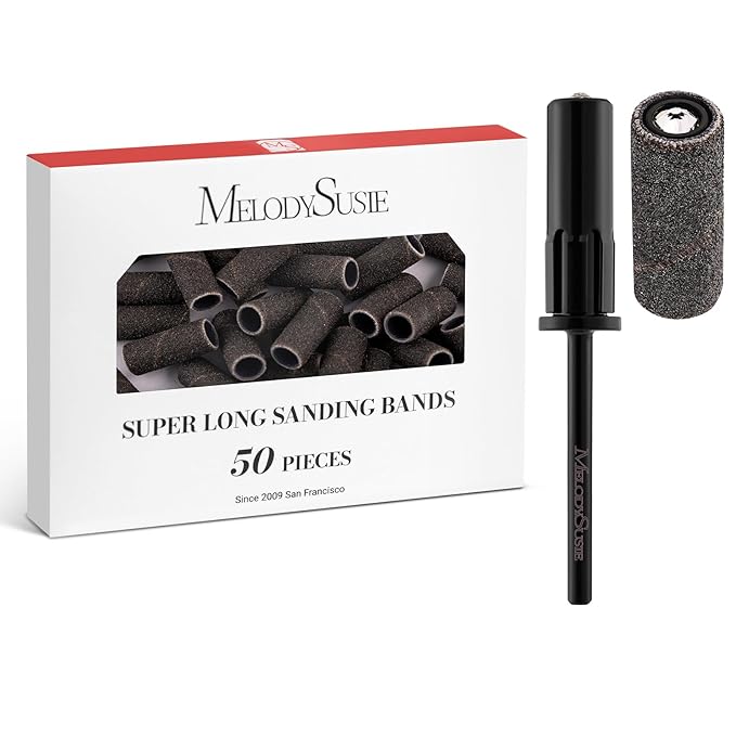 MelodySusie 50 Pcs Nail Drill Bits Super Long Sanding Bands with 6.65mm Crystal Mandrel Bit, 120 Medium Grit Nail File for Acrylic Nails Gel Manicures and Pedicure, Black