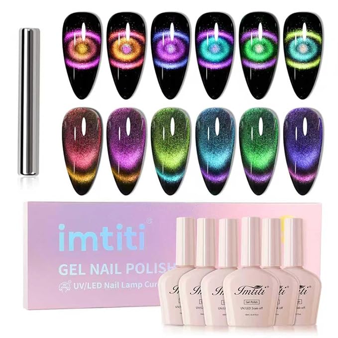 Imtiti 6Pcs 9D Cat Eye Gel Nail Polish Kit 10ml Long Lasting Soak Off UV LED Magnetic Polish for Nail Art Salon DIY at Home Gift for Women