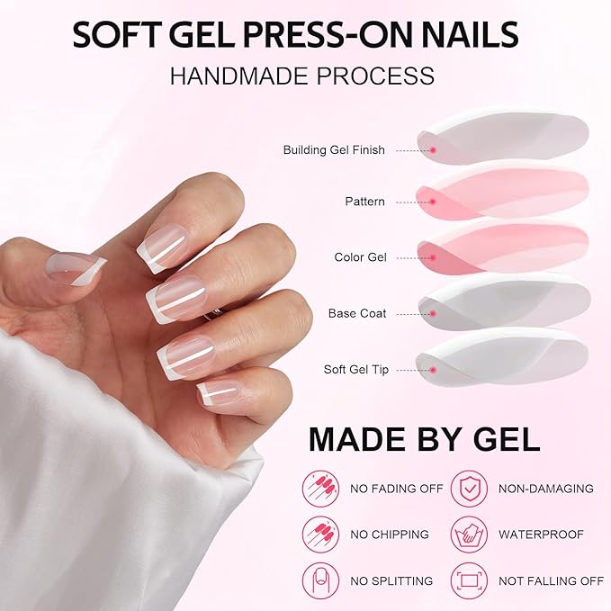 Findigit French Tip Press On Nails Short - Chrome French Tip Square Press On Nails with Glue for Women, Soft Gel Glue On Fake Nails in 16 Sizes - 32 Stick On Nails Kit, Elegant Princess
