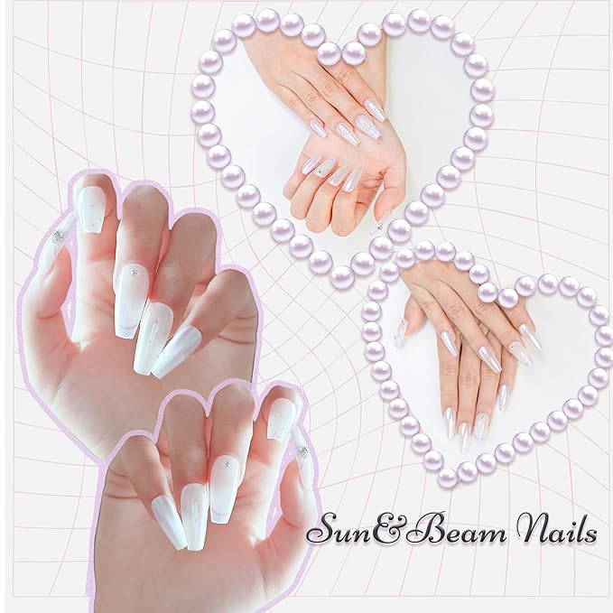 Sun&Beam Nails Handmade Press-on Medium Coffin Ballerina Silver Purple White Dot French Rhinestone Design Fashion False Nail Tips 10 Pcs Set (#182 L)