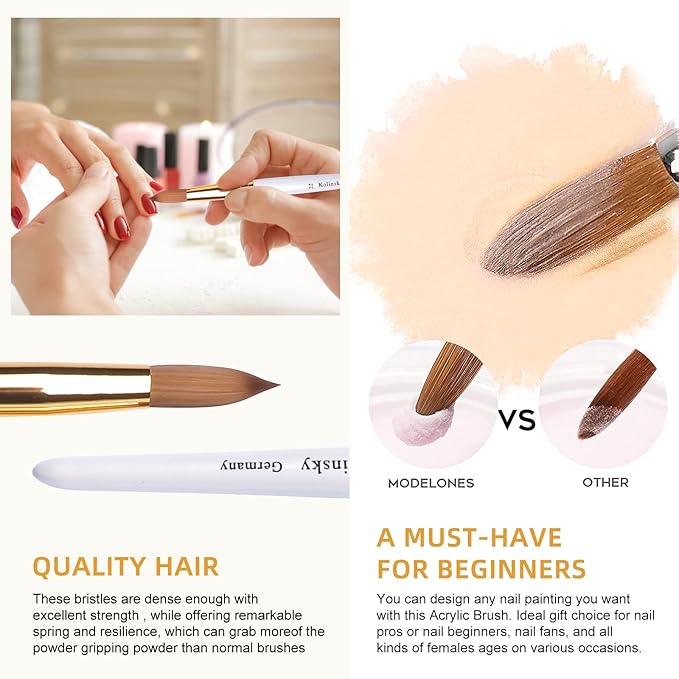 Acrylic Nail Brush Size 10, Kolinsky Acrylic Nail Brush for Acrylic Powder, Application Nail Art Drawing Brush for Extension Nails Carved for Beginners and Professionals (14#, White)