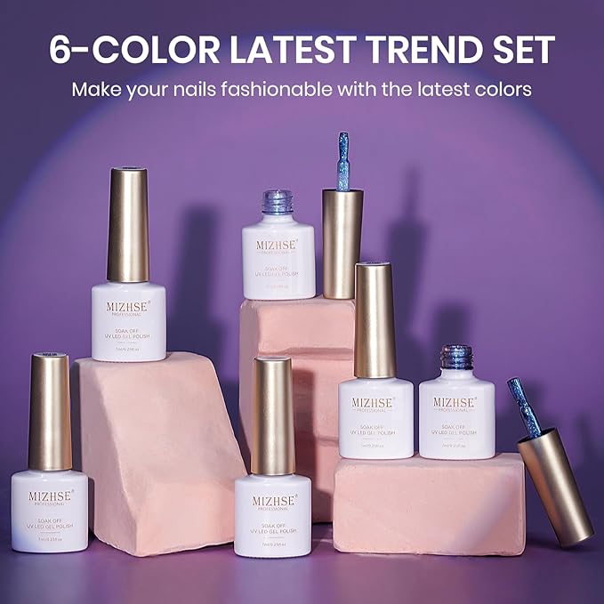 MIZHSE Chameleon Glitter Gel Nail Polish Set - 6 Colors Aurora Sparkle Glitter Gel Polish Kit Blue Purpke Holographic Shimmer U V LED Gel Polish for DIY Salon Home Manicure
