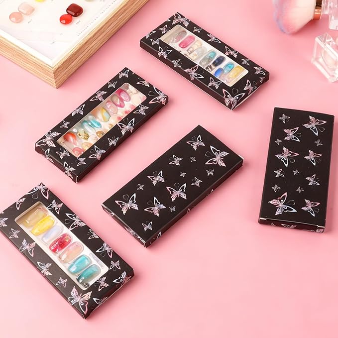 ANGNYA 72PCS Empty Press On Nail Packaging Box Contains 35PCS Butterfly Press On Nail Boxes, 35PCS White Display Cards, 2PCS Double Sided Tapes, Nail Tip Storage Case for Press-on Nail Business