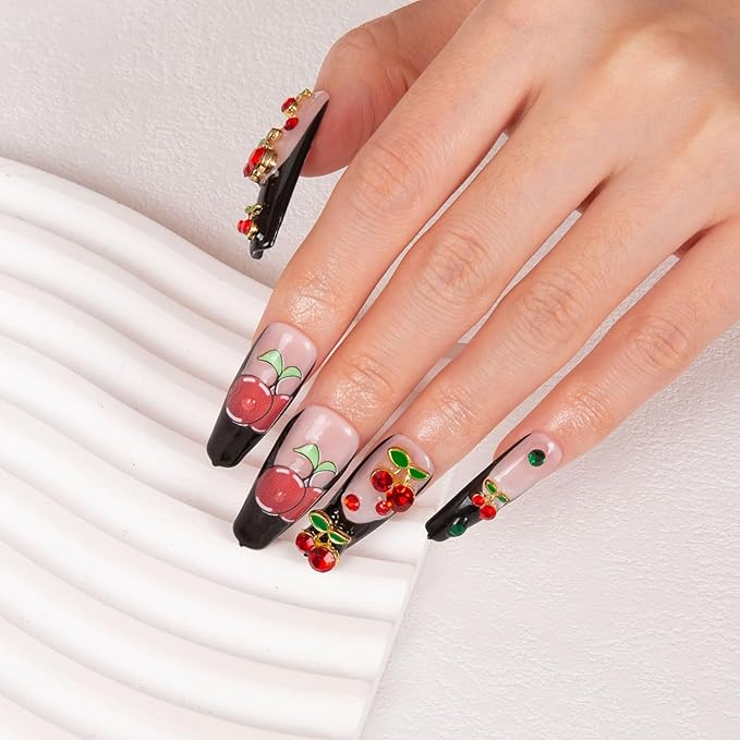 LOVFUL Press on Nails My Sweetie French Tip | Handmade with Full Covered Crystals | Reusable Full Cover Nails | Coffin Classic Regular 1.3 in | H162-L