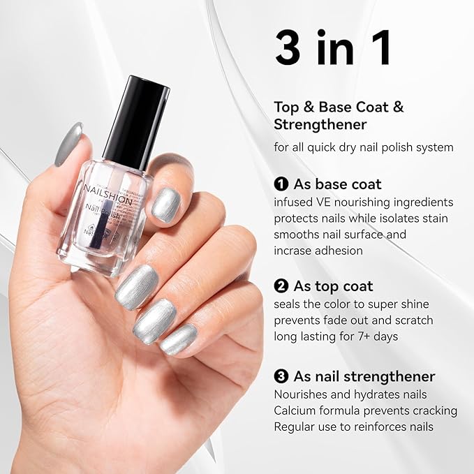 Metallic Silver Nail Polish with 3-In-1 Clear Base Top Coat Nail Strengthener Quick Dry Clear Nail Polish Duo, Opaque, Non-Gel, Vegan, Liquid Silver Glossy Chrome Nails Art