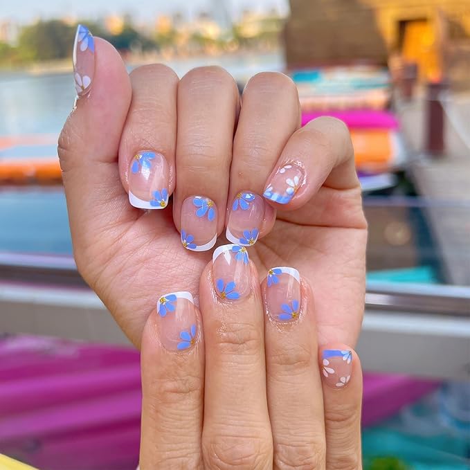 White French Press on Nails Short Square Fake Nails 24 Pcs Kit False Nails with Flowers Designs Press Nude Artificial Glue on Nails Glossy Nail Tips Full Cover Acrylic Stick on Nail for Women