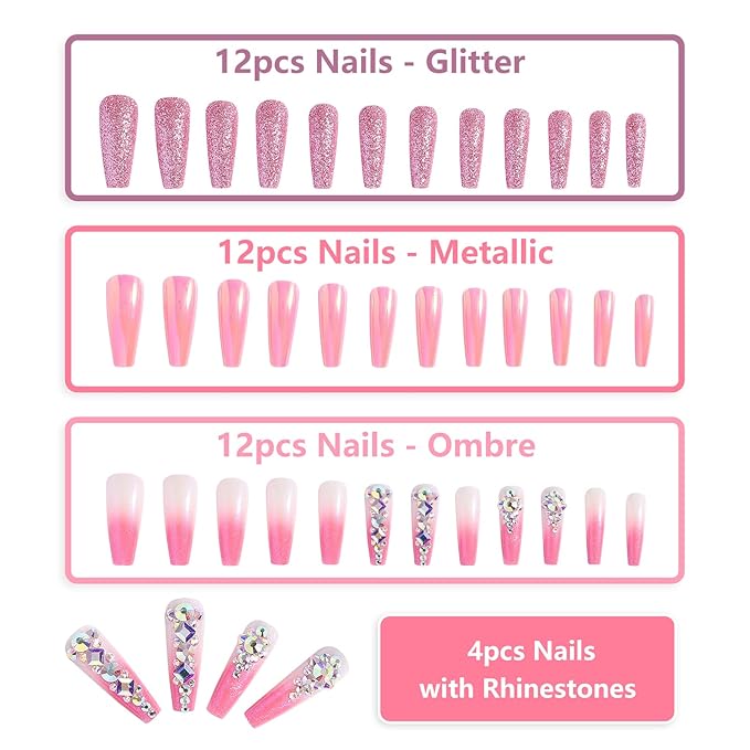 Artquee 36pcs Pink Ombre Crystal Press on Nails with 3D Rhinestones Mixed Pink Metal and Glitter Glossy False Nails Long Ballerina Coffin Flash Fake Nail Tips Manicure for Women