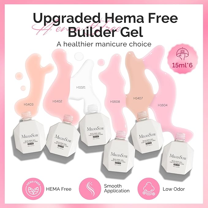 MelodySusie Hema Free Builder Gel Set for Nails Thickening, Nude and Pink, 6PCS 0.5 Fl Oz, Tpo Free, Soak Off UV Extension Gel, Nail Art Design Salon DIY Manicure at Home for Women
