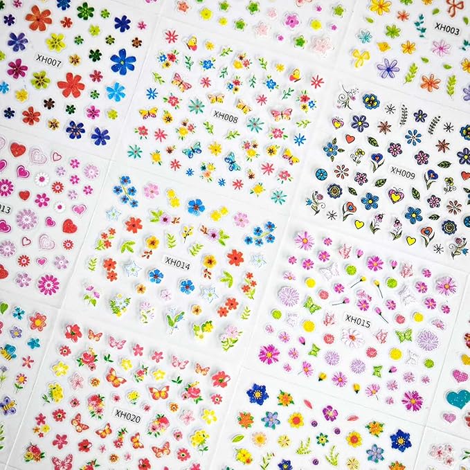30 Sheets Flower Nail Art Stickers Colorful Flower Nail Stickers for Nail Art 3D Self-Adhesive Floral Designs Nails Decals Spring Nails Supplies for Women Girls Manicure Decorations