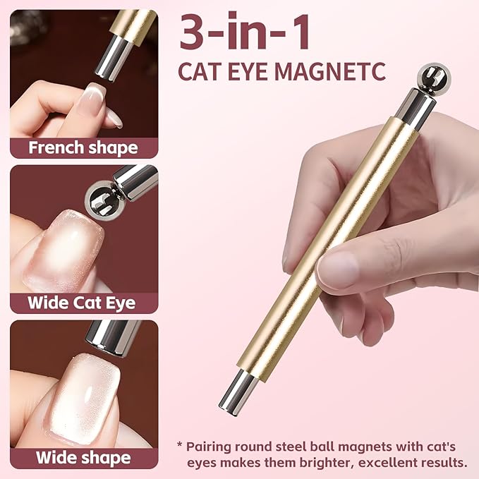 4-Piece Cat Eye Magnet Set – Gold Nail Magnet, Heart-Shaped Nail Art Magnet, Black Bead-Attracting Cat Eye Magnet for Nails Pen Accents, Works with Cat Eye Gel Polish for DIY Nail Designs