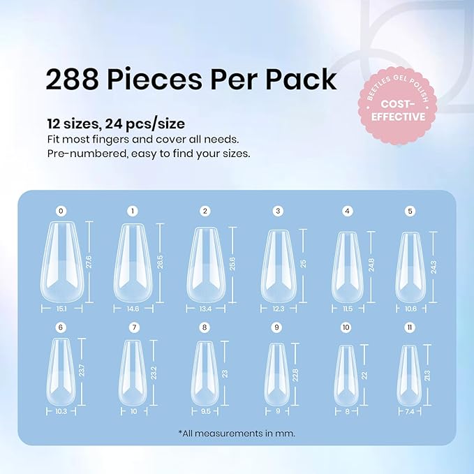 Beetles Gel Nail Tips 288 Pcs Medium Coffin Etch X Nail Tips 12 Sizes Half Matte Press On Nails Full Cover False Nails for Nail Extensions Friendly for Beginner Women