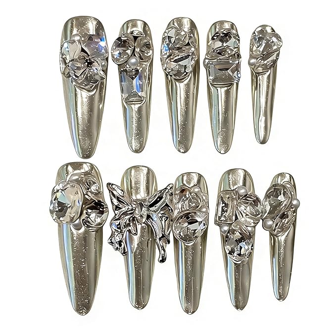 Handmade Press on Nails Stiletto Full Diamond Butterfly Metal Decoration on Long Pointed Magic Mirror Silver Sweet and Cool Retro Handmade Stiletto Press on Nails 3D Luxury Press on Nails（L）