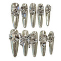 Handmade Press on Nails Stiletto Full Diamond Butterfly Metal Decoration on Long Pointed Magic Mirror Silver Sweet and Cool Retro Handmade Stiletto Press on Nails 3D Luxury Press on Nails（L）