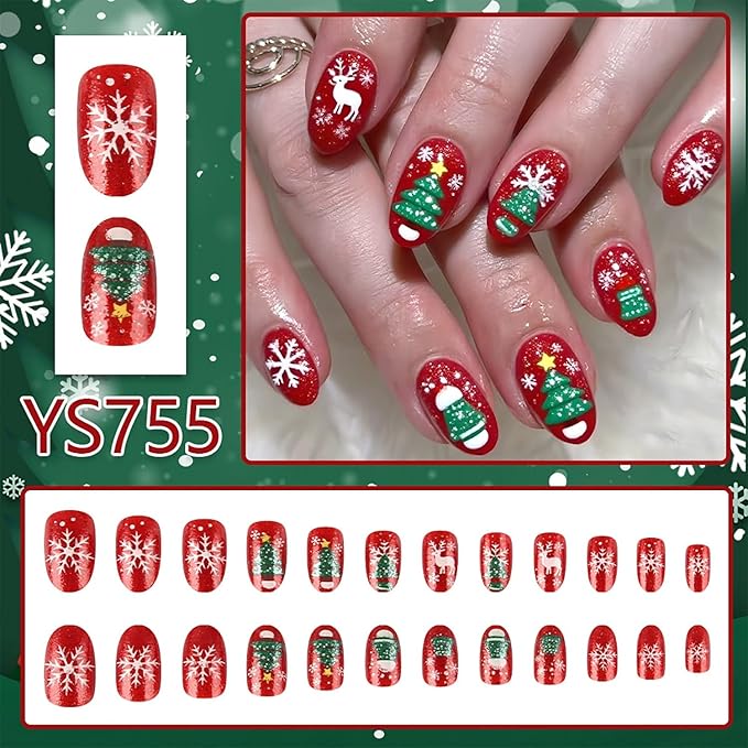 Red Christmas Press on Nails Christmas Trees Elk Snowflake Snowman False Nails Short Oval Xmas Fake Nail Winter Stick on Nail for Women 24 Pcs