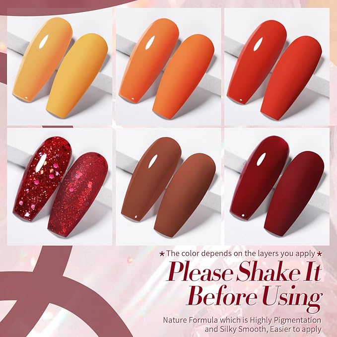 Born Pretty Fall Winter Gel Nail Polish Pumpkin Caramel Orange Brown Red Shimmer Sparkle Gel Polish Nail Art Manicure DIY Collection 6PCS