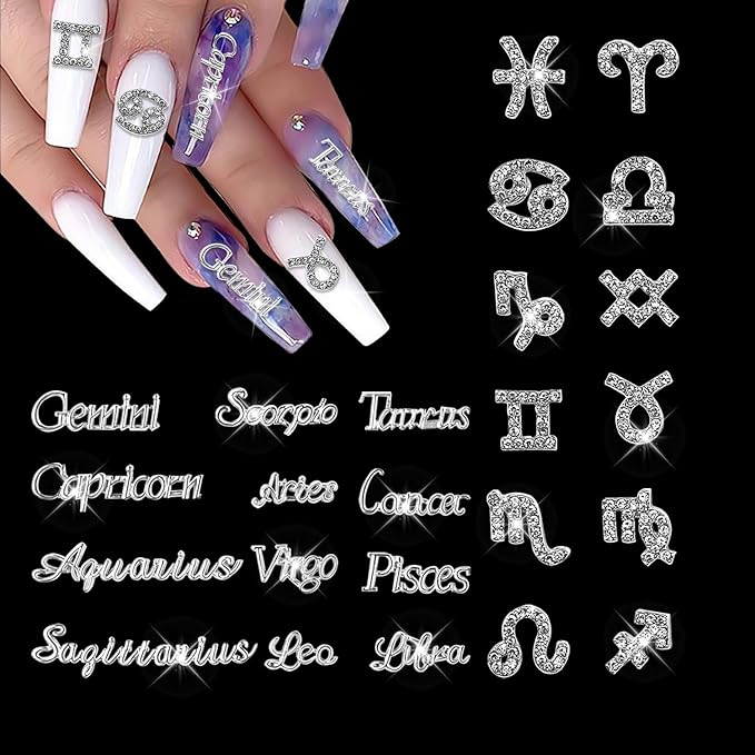 24 Pieces Silver Alloy Zodiac Nail Charms 12pcs Zodiac Signs Nail Studs 12pcs Constellation Words Charms Twelve Constellation Nail Charms for Women Girls Nail Art Decoration