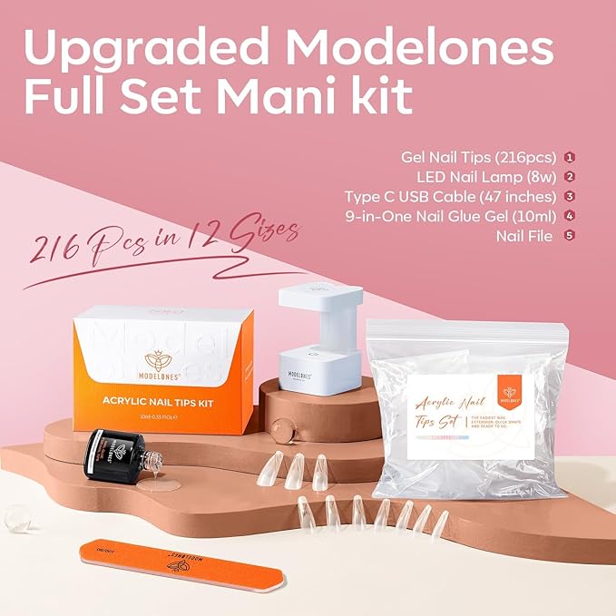 modelones Long Coffin Gel Nail Tips Kit, 9-in-One Nail Glue with Portable U V Lamp 216Pcs 12Sizes Pre-Etched Press ons Fake Acrylic Extension Kit DIY Salon Gift for Women