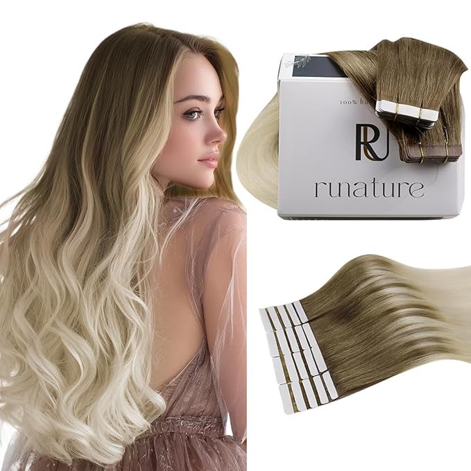RUNATURE Tape in Hair Extensions Real Human Hair 20 Inch Ombre Tape in Extensions Long Remy Human Hair Tape Ins Balayage Brown Roots to Blonde Hair Extensions Seamless Natural Hair 50g 20pcs