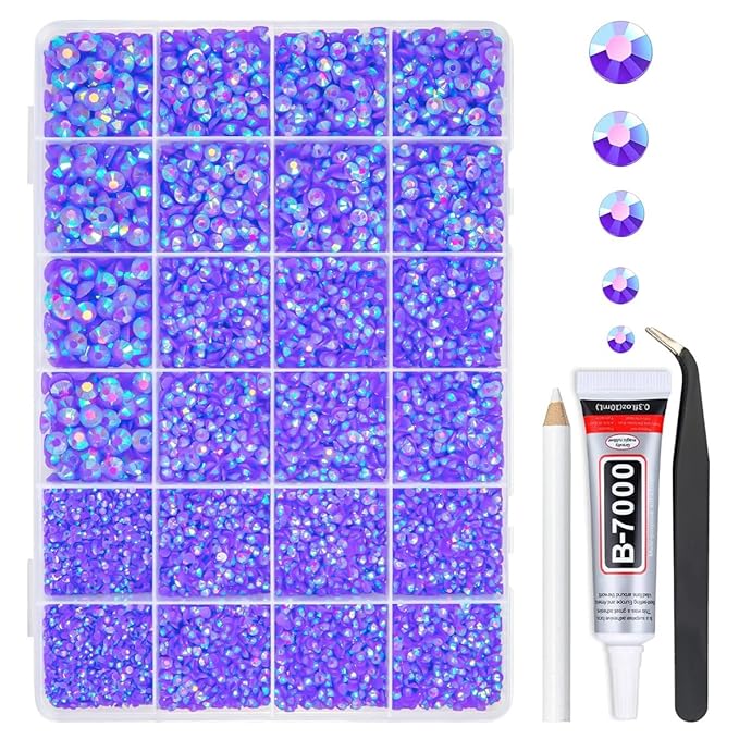 Dark Purple AB Resin Rhinestones w B7000 Glue for Bedazzling Crafting 2mm-6mm Flatback Jelly Gems Stones Diamonds Bedazzler Kit for Nails Face Eyes Makeup Tumblers Bottles Mugs DIY Crafts Shoes