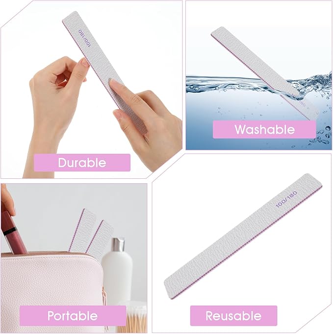 100/180 Grit Nail Files, 100 Pcs Double Sided Emery Boards, Professional Reusable Washable Manicure Tools for Acrylic, Gel, Natural Nails, Home and Salon Use, Grey