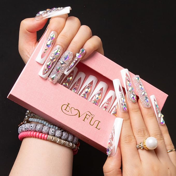 LOVFUL Press on Nails Aurora Light | Handmade with Full Covered Crystals | Reusable Fake Nails | Square Mid length 1.7in | H36-M