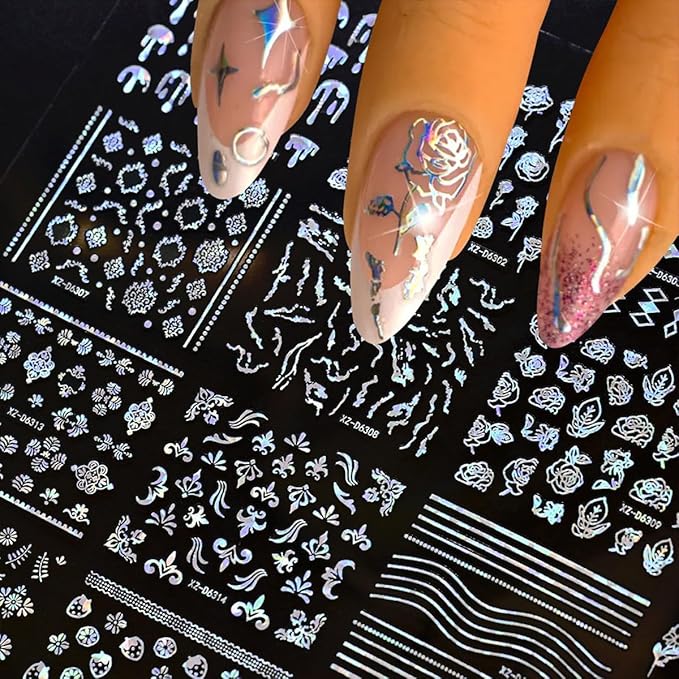 30 Sheets Aurora Nail Art Stickers Decals 3D Self Adhesive Flower Nail Stickers Aurora Star Heart Nail Decals for Nail Art Leaf Floral Nail Design for Women DIY Acrylic Nails Decoration Accessories