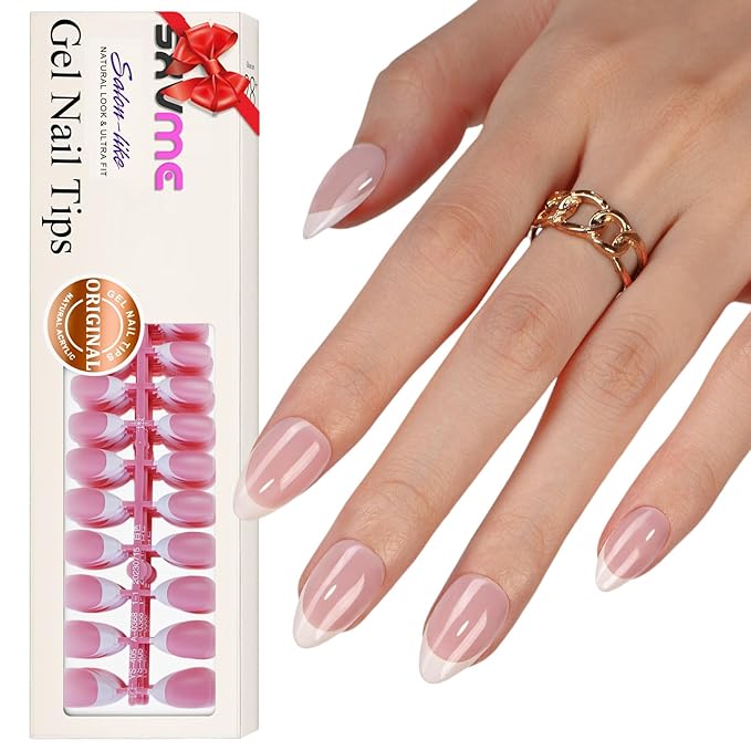 Gel French Tip Nails Short Almond Press on Nails White Tips 300Pcs Pre-applied Primer Natural Pink Fake Nails Extensions Kit for Women Girls DIY
