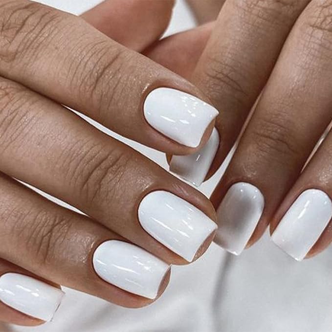 Modelones Pure White Press on Nails for Women, Short Square Fake Nails, Reusable Nail Kit with Nail Glue Adhesive Tabs Mini Nail File, Spring Nails Press Ons 32Pcs16 Sizes, Women Girl Gift