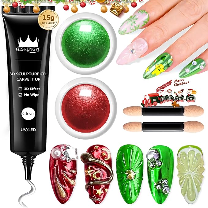 3D Nail Gel and Chrome Nail Powder 15g No Wipe Clear 3D Sculpting Gel for Nail Art Non-Sticky Hand Hard Gel Carving Gel with Red Green Chrome Powder for Gel Nail Art Decoration Home DIY