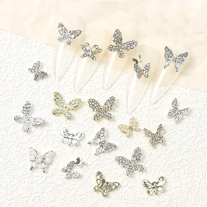 WOKOTO 36 Pcs 3D Butterfly Nail Charms, Gold & Silver Nail Butterfly Charms For Nail Art Jewels, Nail Rhinestones And 3D Butterfly Charms For Nails Butterfly Gems 3D Butterflies For Nails Decorations