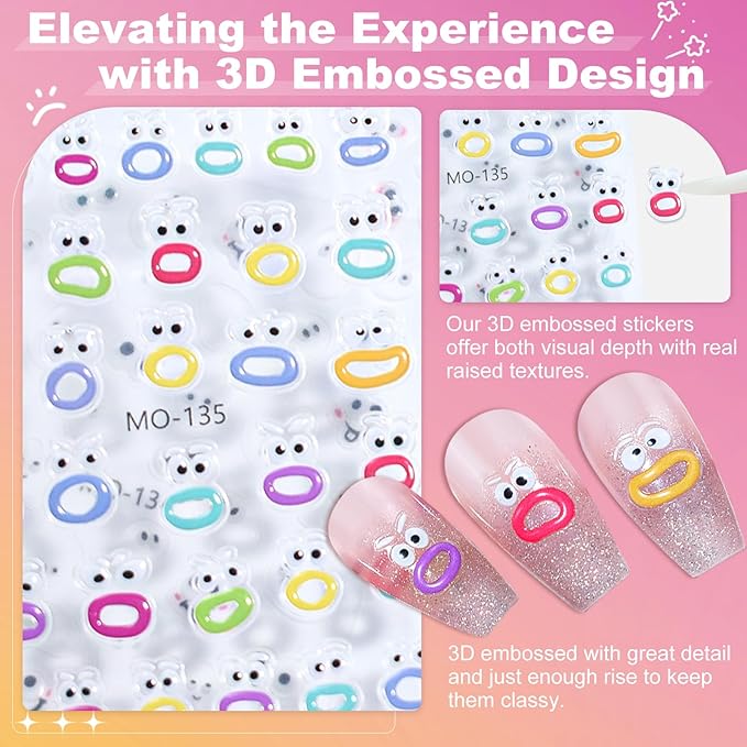 6 Sheets Expression Face Nail Stickers,Weird Mouth Nail Art Sticker,Colorful Cute Animal Monster Eyes Jelly 5D Embossed Art Nail Stickers Designs for Women Girls DIY Nail Art Decoration 807-16