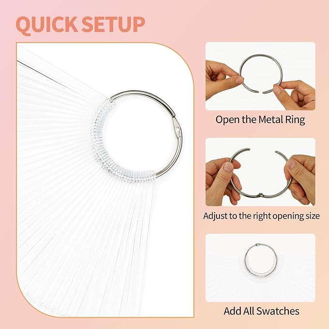100 PCS Nail Swatch Sticks, Clear Plastic Nail Color Swatches with Metal Ring, False Fake Nail Art Tips Sticks for Gel Polish Display,Practice(Square Nail Sample Fan)
