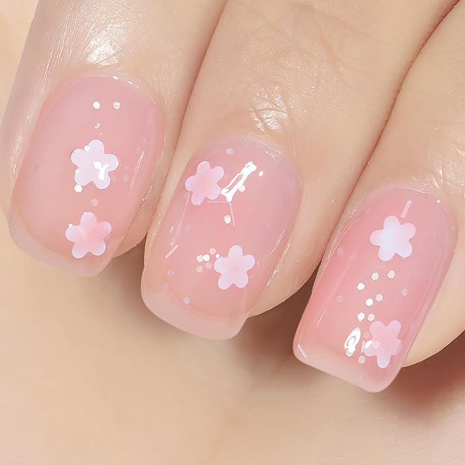 YTD Likomey Nude Gel Nail Polish,15ml Translucent Neutral Jelly Sheer Flowers Glitter UV Nail Gel,Sheer Pink Three-Dimensional White Petals DIY Manicure Varnish,LS326
