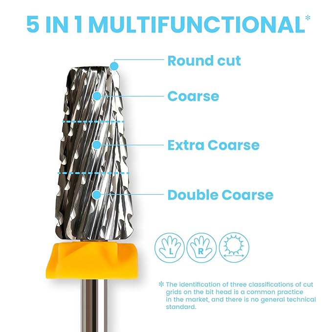 6.6mm Large Tapered Barrel 5-in-1 Nail Drill Bit, 3/32" Cross-Cut Tungsten Carbide Efile Bit for Fast Gel & Acrylic Removal, Two-Way Rotation, Professional Nail Tech & Beginner Bit, Double Coarse.