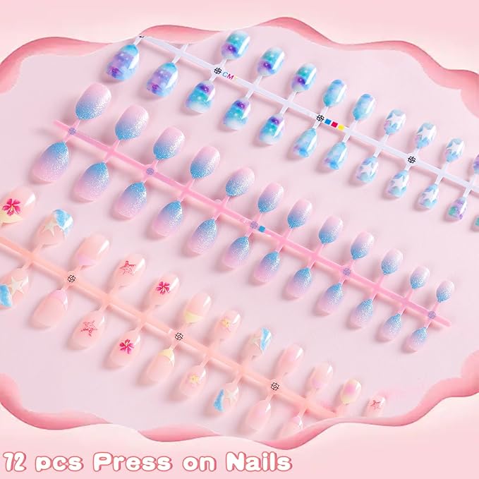 SIUSIO 3Pack Children Acrylic Fake Nails, 72pcs Press on Full Cover Glitter Gradient Color Short Almond False Nail Art Kits Set with Sticker Tabs Nail Glue Gel for Kids Little Girls - Summer Ocean