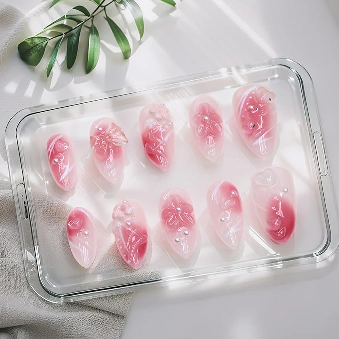 Pink Gradient Press on Nails Handmade Press on Nails Medium Almond Fake Nails Muti-Layer Gel Acrylic Nails with Flower Pearl Bow Embossed Design Thick False Nail Glue on Nail for Women (Size S)