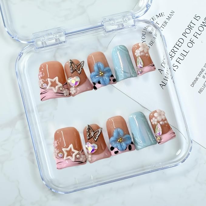 Duck Press on Nails Handmade Fake Nails Short False Nails with Glue,Muti-Layer Gel Thick Press ons Nail 3D Flower Art ＆ Luxury Gems Design Reusable Pink French Nails for Women(Size S)