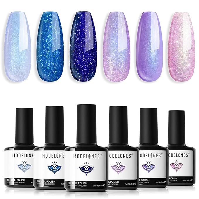 modelones Gel Nail Polish Set 6 Colors Blue Pink Purple Glitter Gel Nail Polish Chameleon White Sparkle Shimmer Reflective Glitter Polish Soak Off LED Nail Art DIY Salon Gifts For Women Girl