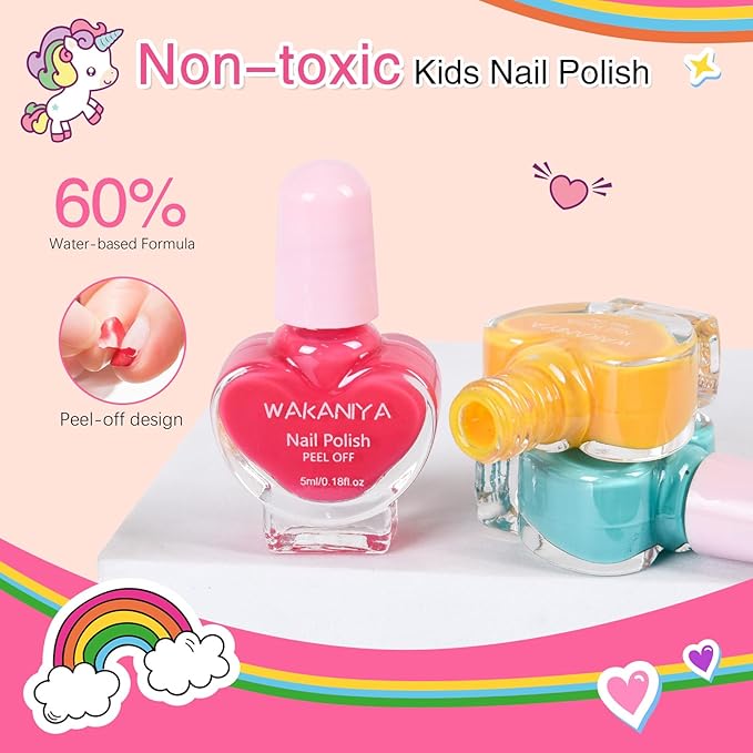 wakaniya Kids Nail Polish Set - Non Toxic, Quick Dry Peel Off Girls Nail Polish 12 Colors with Glitter Stickers and PVC Organizer Bag