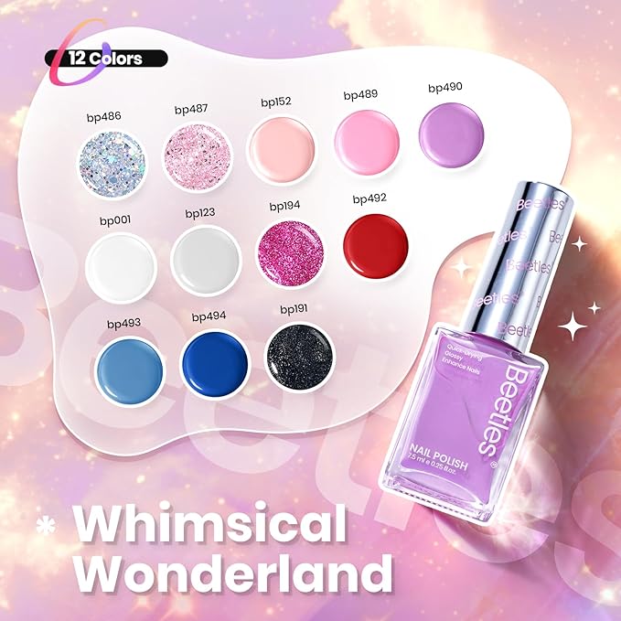 Beetles Nail Polish Set - Quick Dry Nail Polish Kit 12 Colors Pink Glitter Green Blue Yellow Red Regular Air Dry Fingernail Polish Pack for Women Valentines Gift Beetles Colorful Canvas 12 Colors