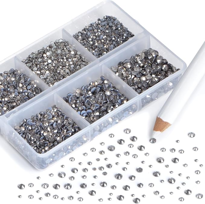 NCB Hotfix Iron on 8000pcs Crystal Rhinestones Round Gem for Crafts Decoration DIY Jewelry Making with a Picking Pen (Black Diamond, 6Sizes SS3-SS12)