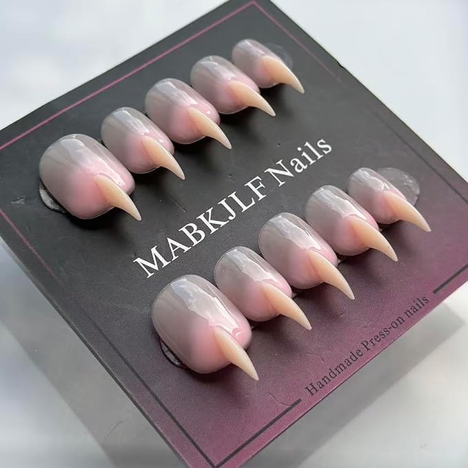 Halloween Press on Nails Luxury Short Stiletto Handmade Cat Claw Unique Reusable ABS Material Pink Fake Nails Eagle Claw False Nails Gradient Glossy Glue on Nail Curved Thick Acrylic Nail(M)