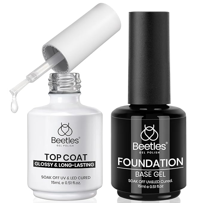 Beetles 2Pcs 15ml Gel Base and Top Coat Set - Upgrade No Wipe Extra Glossy Top Coat Finish for Gel Nail Polish, Soak Off UV/LED Lamp Needed, Essentials for Long-Lasting Manicure Kit