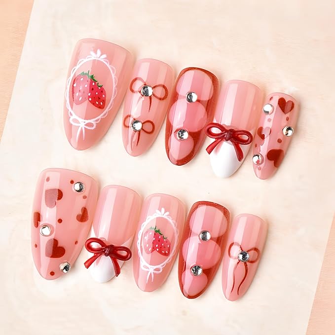 30pcs Valentines Press on Nails Medium Almond Fake Nails with Bow Heart Strawberry Rhinestones Designs White French Tip False Nails Cute Romantic Red Heart Valentine Full Cover Glue on Nail for Women
