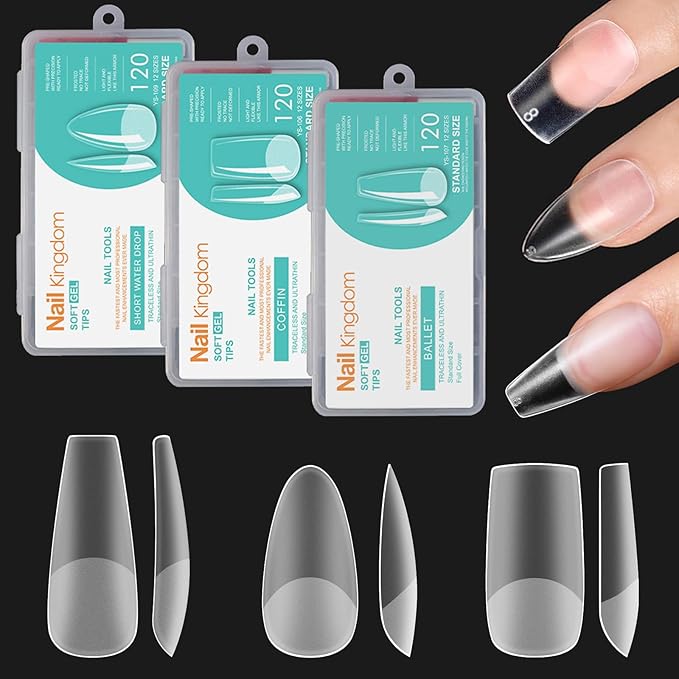 3 Shapes Soft Gel Nail Tips Almond Square Coffin Kit, Pre-buff Inner & Full Matte Surface Acrylic Etch X False Nail 12 Sizes 360Pcs, Clear Press On Nails for Extension Manicure Daily Nail Art, BlueZOO
