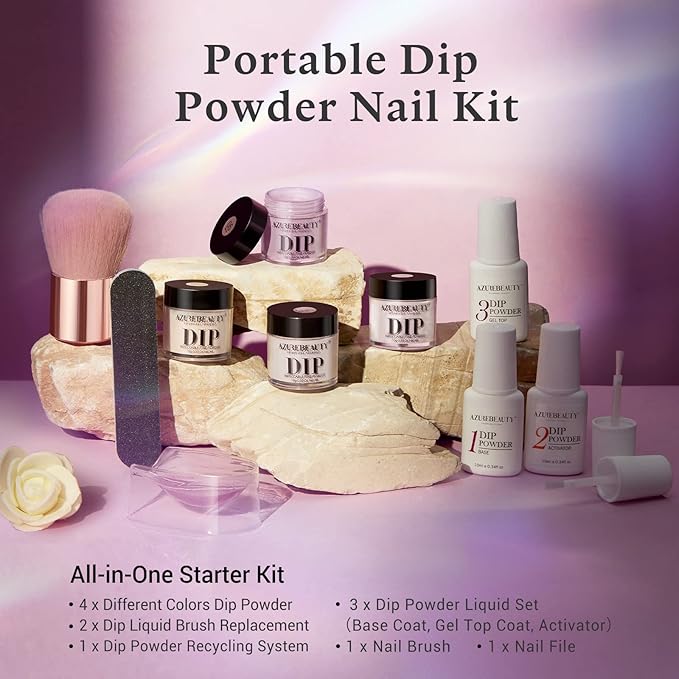 4 Colors Dip Nails Powder Kit, AZUREBEAUTY Fall Winter Brown Purple Dipping Powder Starter Set with Base & Top Coat Activator Recycling Tray for French Nail Art Manicure Salon DIY at Home