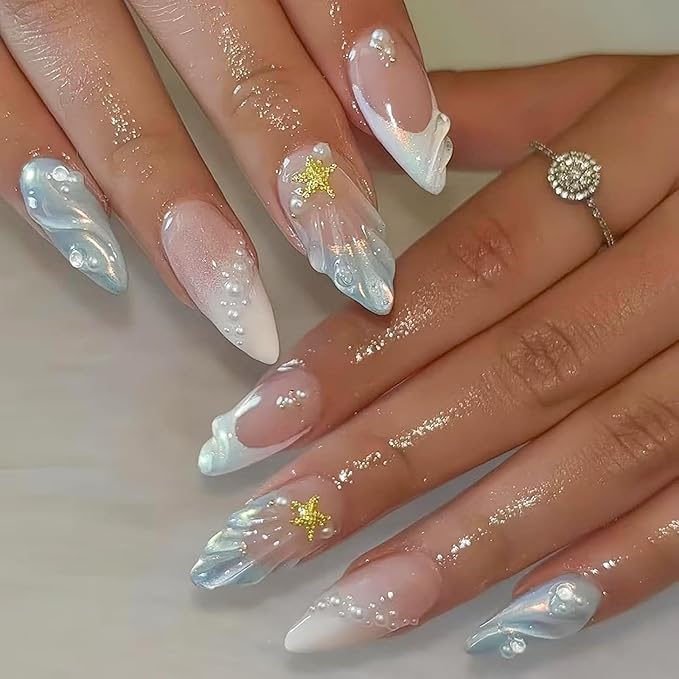 Press on Nails - Medium Almond False Nails - Gold Star Seashell Design White Pearl Fake Nails White French Tips Stick on Nail - Reusable Glossy Glue on Nail for Women Manicure 24Pcs