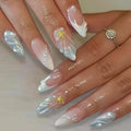 Press on Nails - Medium Almond False Nails - Gold Star Seashell Design White Pearl Fake Nails White French Tips Stick on Nail - Reusable Glossy Glue on Nail for Women Manicure 24Pcs