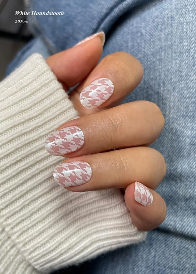 Semi Cured Gel Nail Strips (White Houndstooth), 20 Pcs Gel Nail Wraps, Stickers, UV Light Required, Salon Quality, Long Lasting